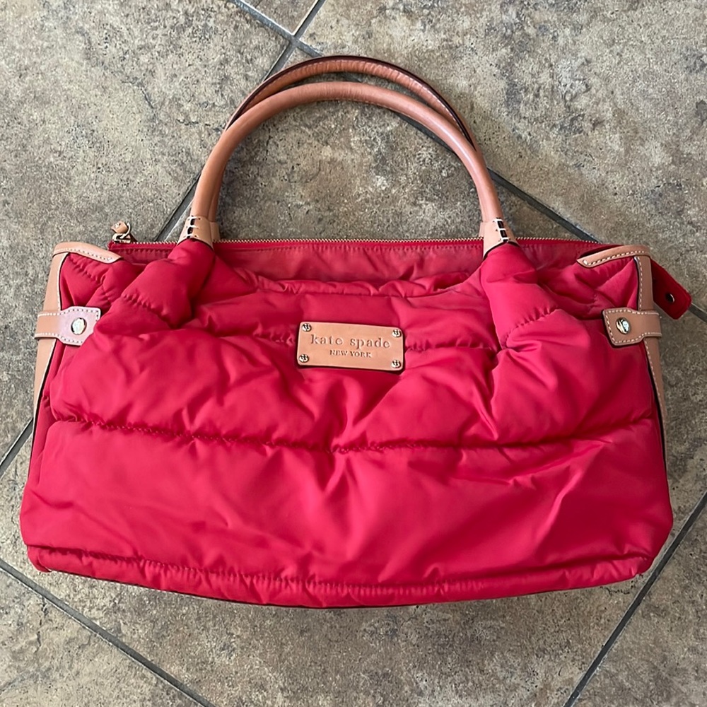 kate spade red tote with tan leather handles